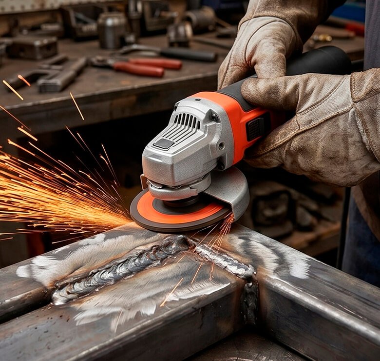 Operador com Esmerilhadeira Black & Decker realizando acabamento sobre solda