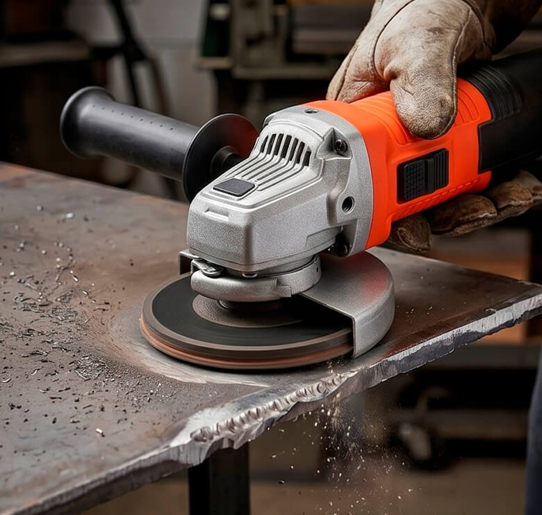 Esmerilhadeira Black & Decker desbastando borda de peça metálica espessa