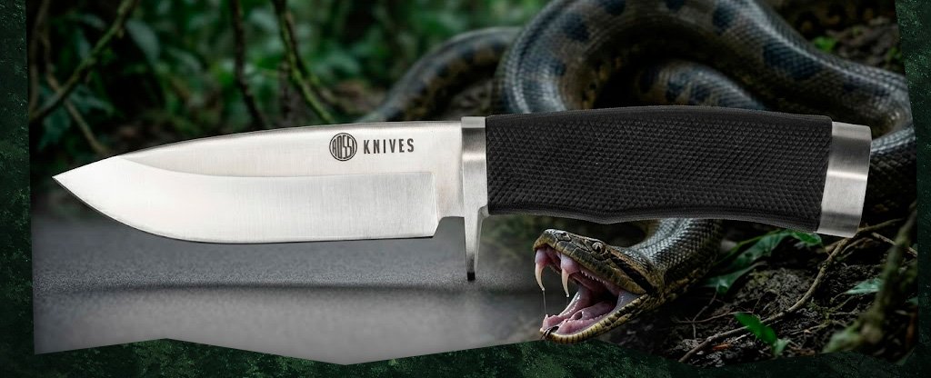 Faca Rossi Anaconda lâmina aço inox 420 cabo borracha e detalhe ilustrativo cobra sucuri