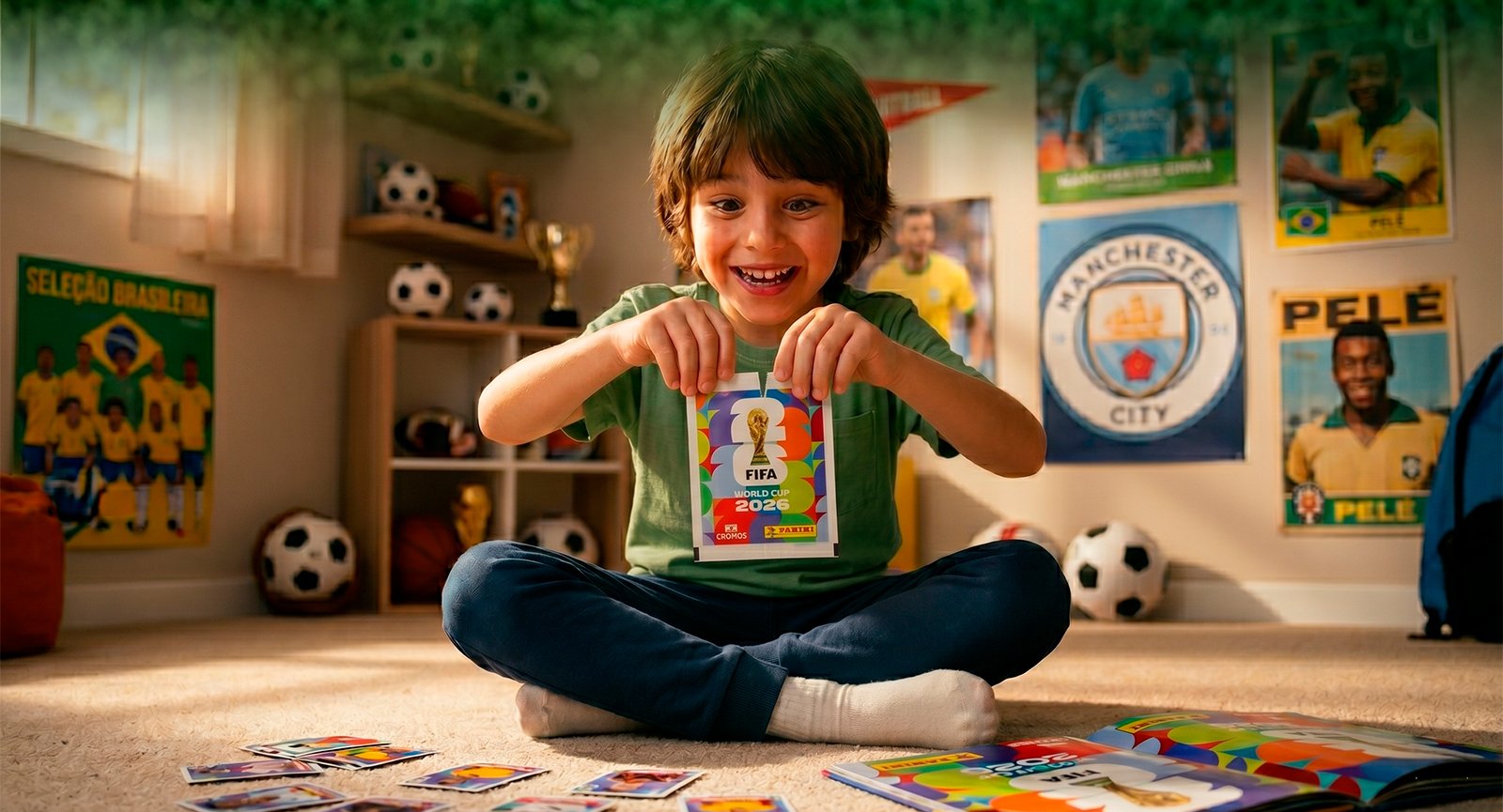 Menino sorrindo ao abrir envelope de figurinhas Panini Copa Mundo 2026 sentado no chão do quarto com álbum