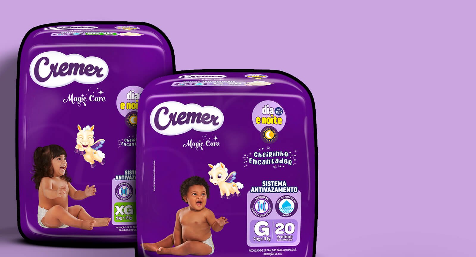 Fralda descartável Cremer Magic Care pacotes G e XG bebês e mascote cavalo alado.