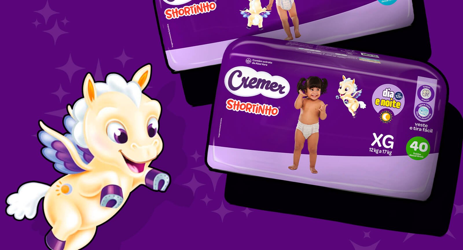 Mascote cavalo alado fraldas Cremer saltando sob pacote Shortinho  tamanho M.