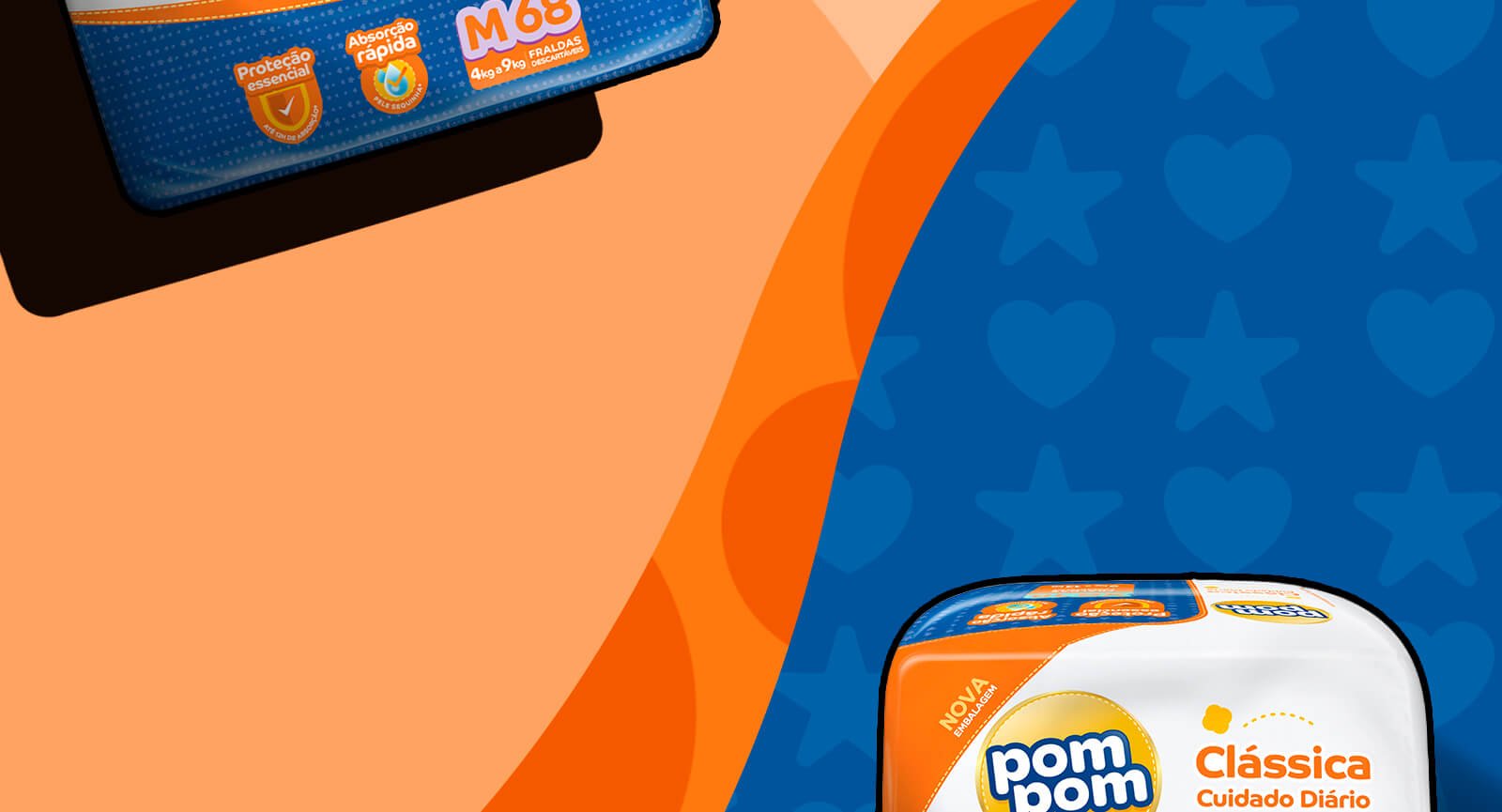 Detalhe embalagem fralda Pom Pom Clássica tamanho M 68 unidades absorção rápida