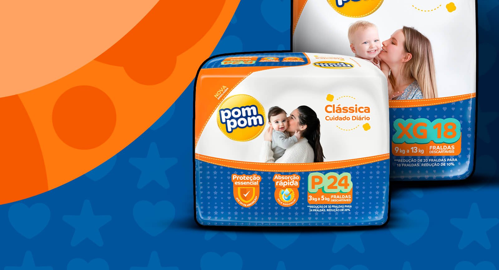 Embalagens frontais fralda Pom Pom Clássica tamanhos P e XG mãe beijando bebê