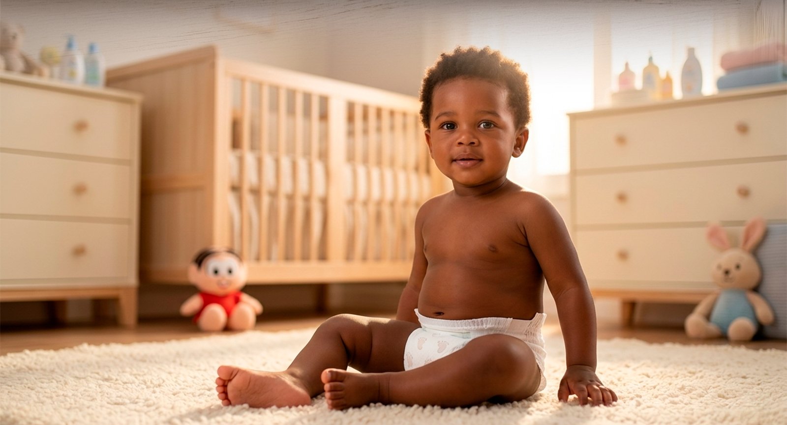 Bebê menino sorrindo usando fralda fita Turma da Mônica Baby sentado sobre tapete felpudo no quarto