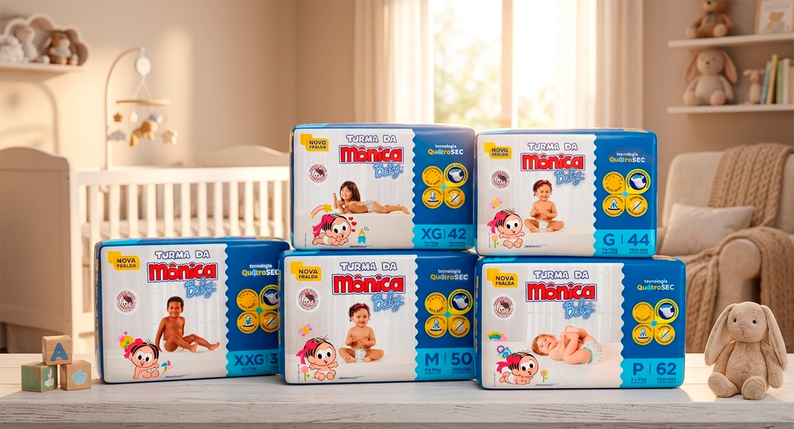 Pacotes fralda fita Turma da Mônica Baby vários tamanhos empilhados em mesa de quarto infantil
