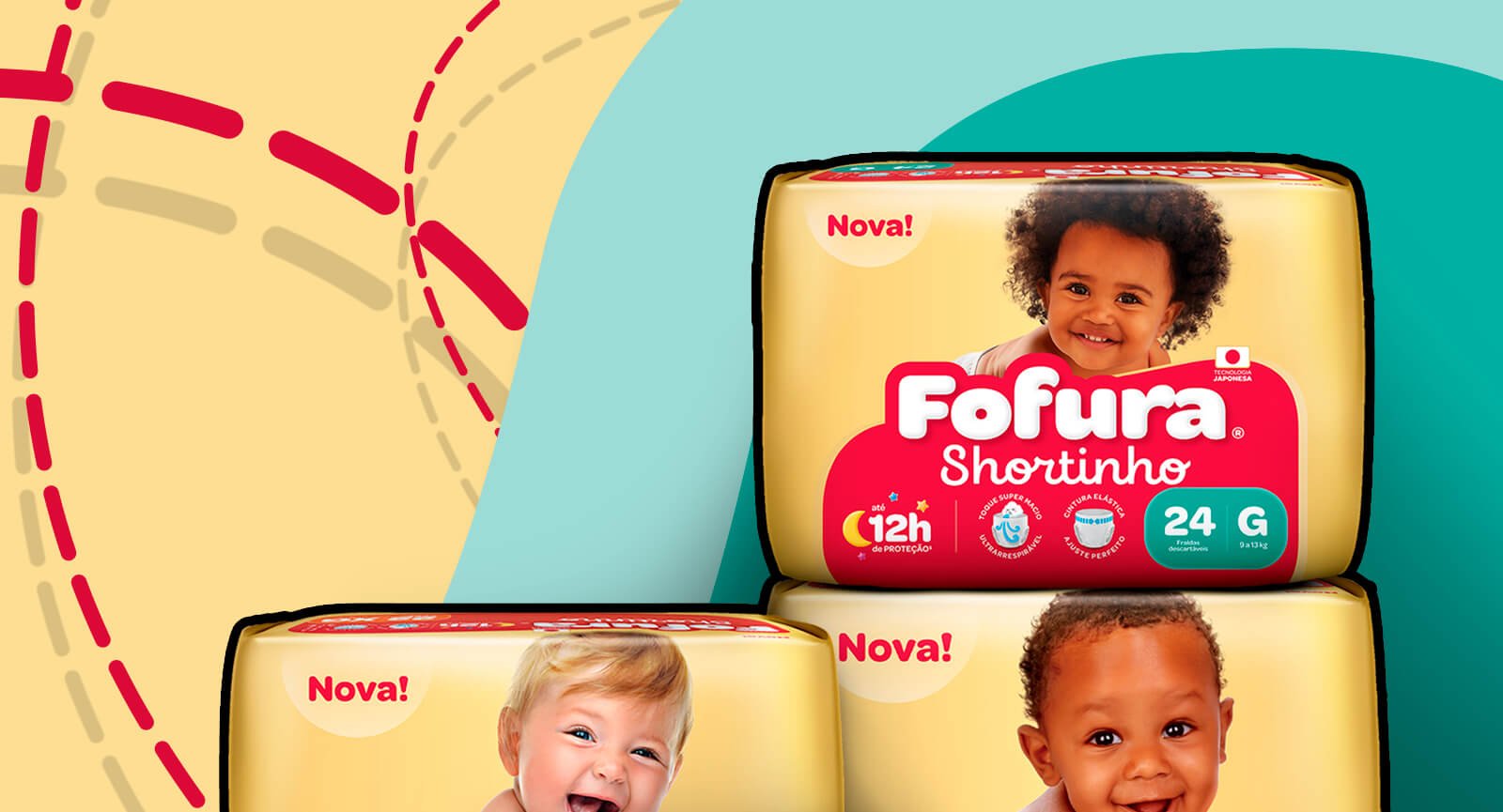 Embalagens fralda Fofura Baby Shortinho empilhadas exibindo os tamanhos M, G, XG e XXG