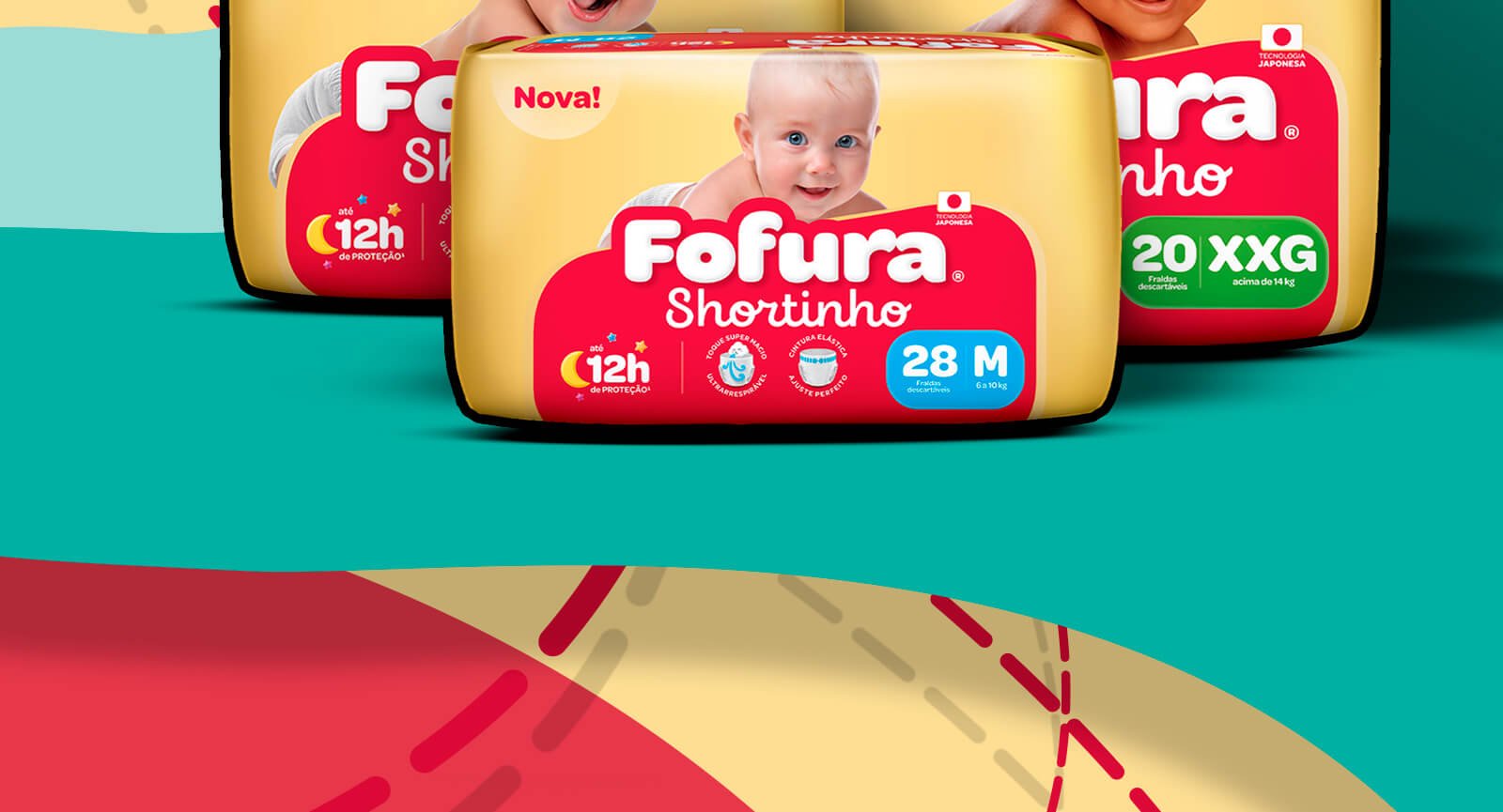 Embalagens fralda Fofura Baby Shortinho lado a lado mostrando tamanhos M e XXG com proteção 12h