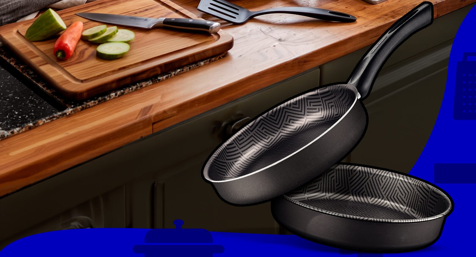 Duas frigideiras Tramontina Paris chumbo bancada detalhe antiaderente Starflon Max