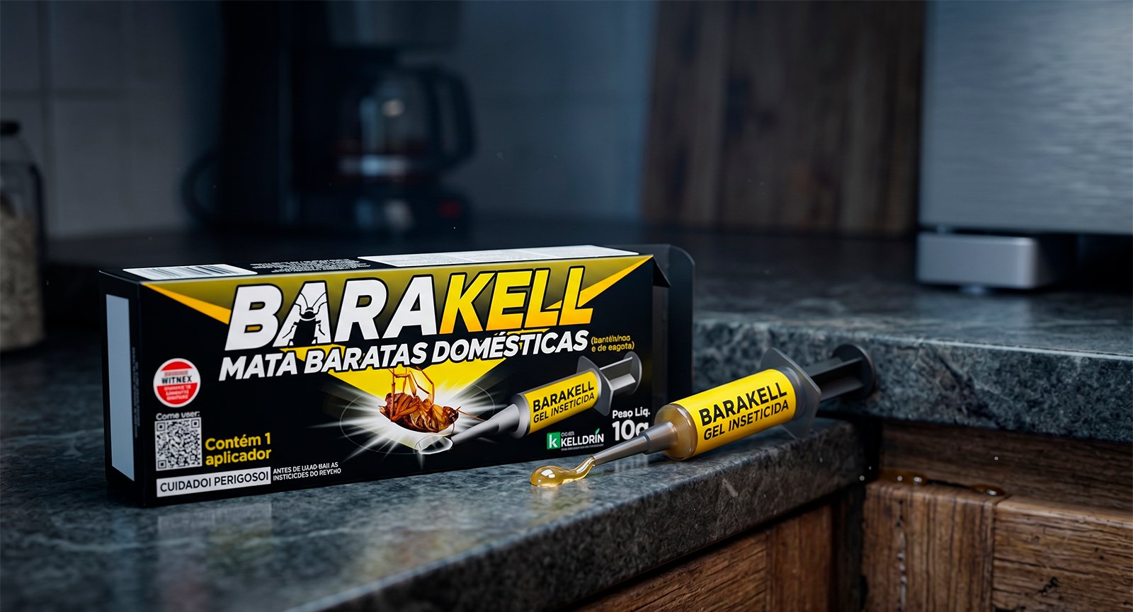 Gel inseticida Barakell Kelldrin seringa 10g sobre bancada cozinha combate baratas domésticas e esgoto