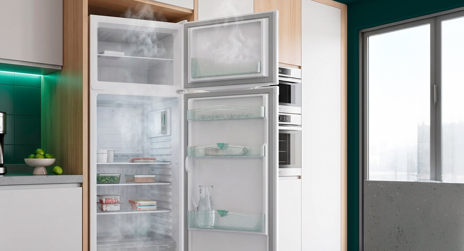 Geladeira Consul CRD37EB 334L branca 2 portas aberta em cozinha planejada