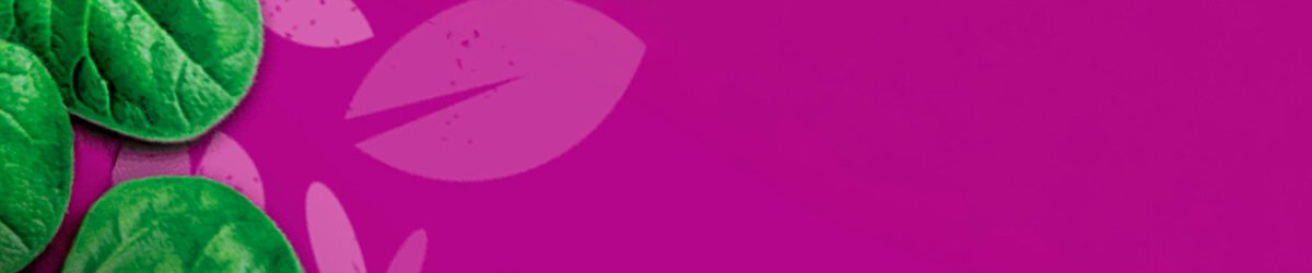 Folhas verdes espinafre sobre fundo roxo Ração Whiskas Superfoods detalhe ingredientes
