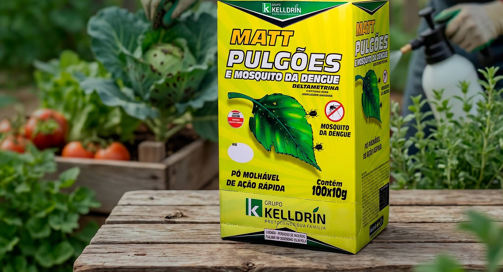 Inseticida Kelldrin Matt Pulgões sobre mesa rústica pessoa pulverizando horta ao fundo
