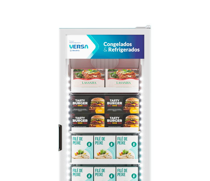 Metalfrio Versa VM50 — vista lateral com produtos expostos