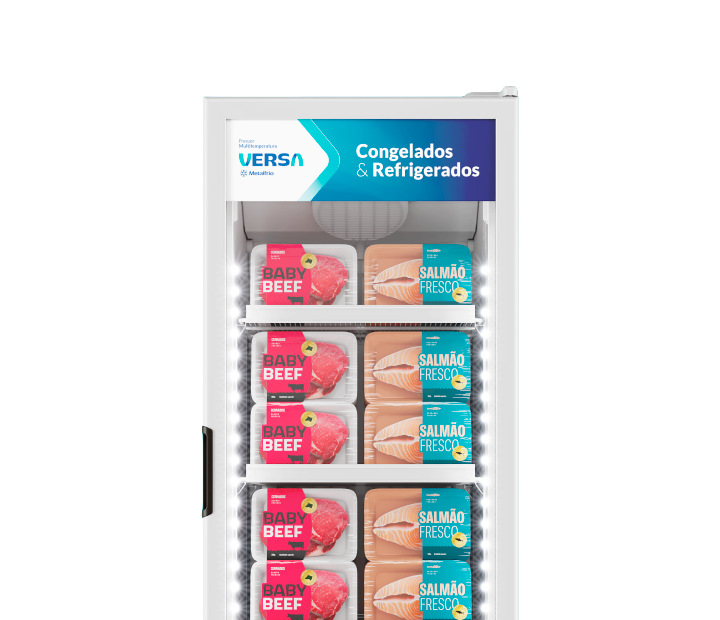 Metalfrio Versa VM50 — detalhe da tampa de vidro e iluminação LED