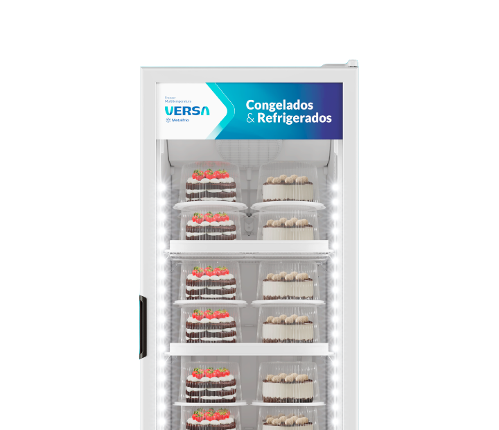 Metalfrio Versa VM50 — freezer aberto com alimentos organizados