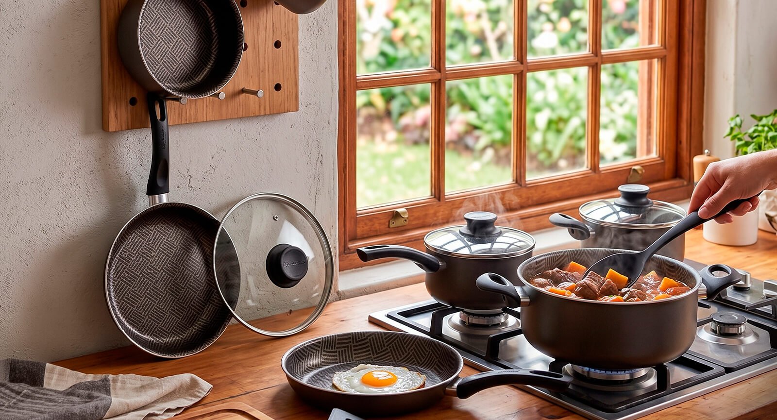 Jogo panelas Tramontina Paris 10 Peças chumbo fogão pessoa mexendo ensopado