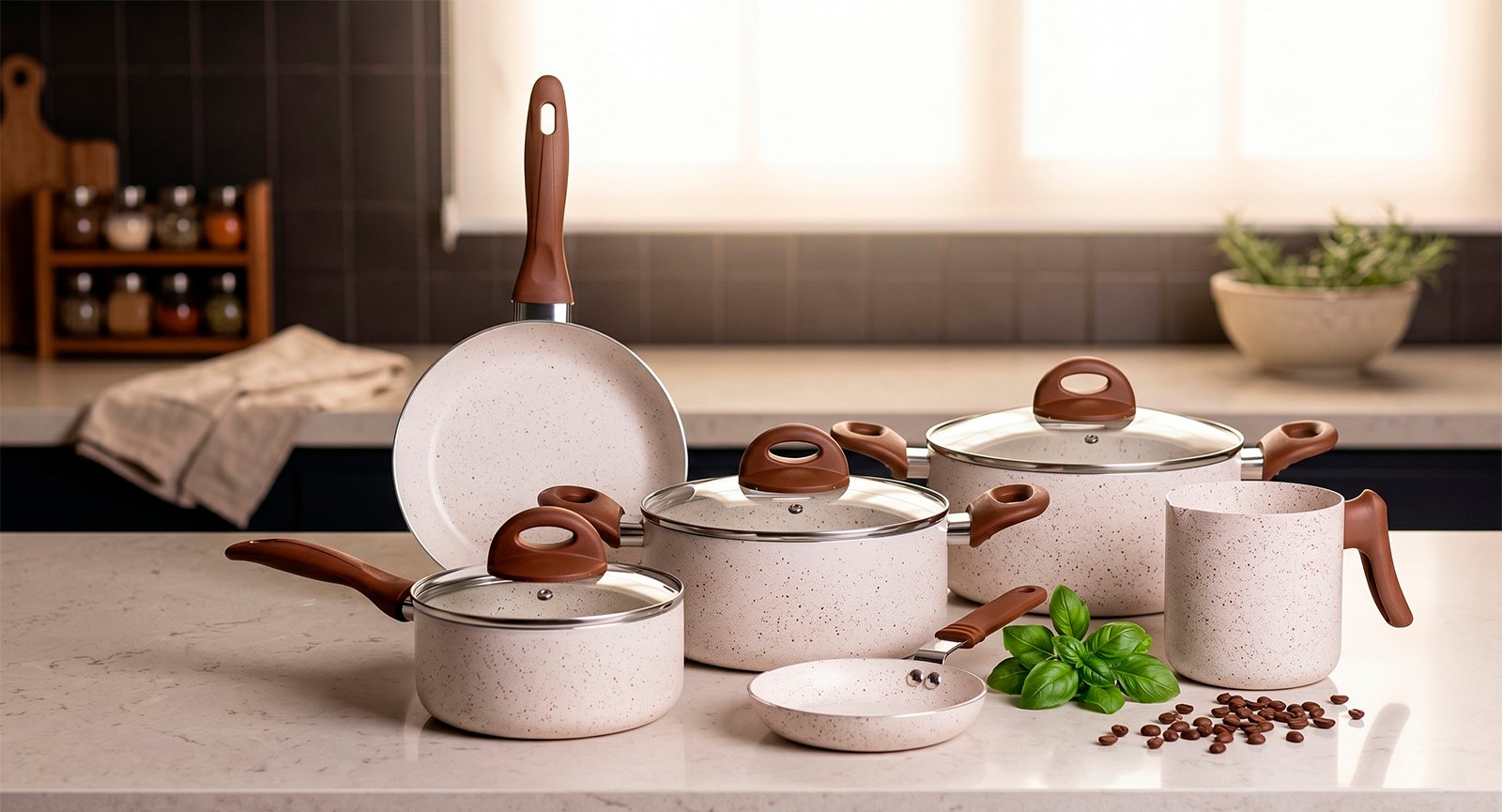 Jogo de panelas Brinox Ceramic Life Smart Plus 6 peças vanilla sobre bancada clara de cozinha