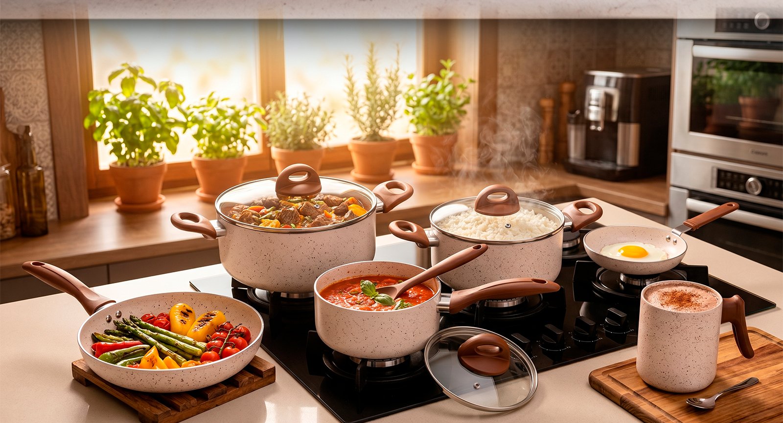 Jogo panelas Brinox Ceramic Life Smart Plus vanilla em uso no fogão preparando refeição completa