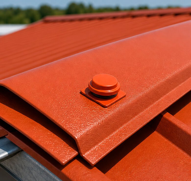 Fixador Precon Tubozan cerâmico instalado em telhado laranja, vista externa