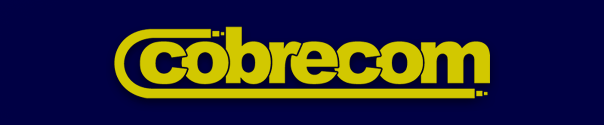 Logotipo Cobrecom em amarelo sobre fundo azul marinho