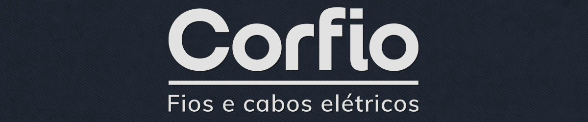 Logotipo Corfio Fios e Cabos Elétricos em letras brancas sobre fundo azul escuro