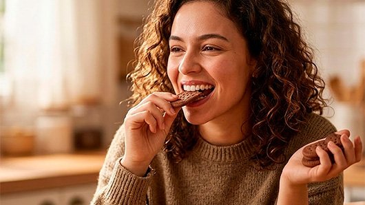 Mulher sorridente cabelos cacheados comendo Biscoito Mabel Chocolate lanche tarde prático