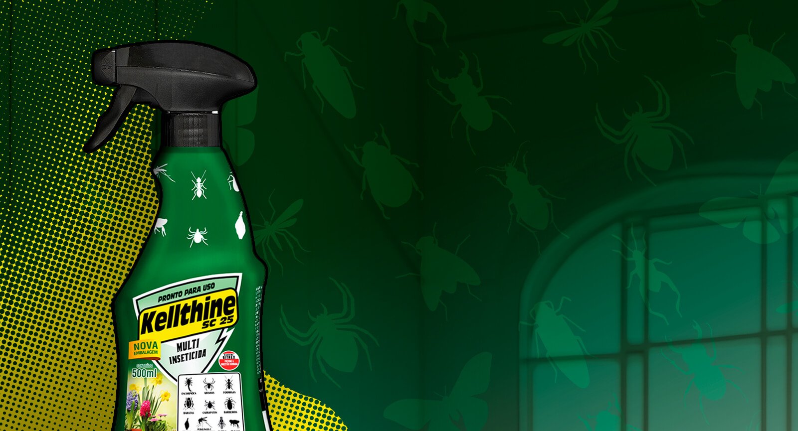 Frasco multi inseticida Kellthine SC 25 Kelldrin 500ml pronto para uso fundo verde com pragas.