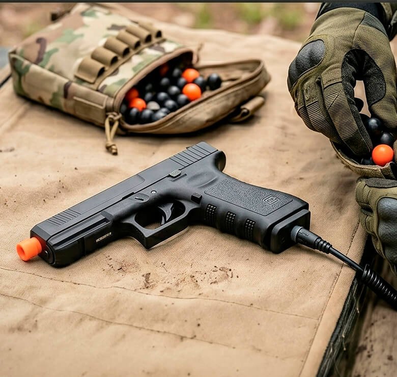 Pistola Rossi Vesta calibre .50 com mãos enluvadas separando munições de paintball.
