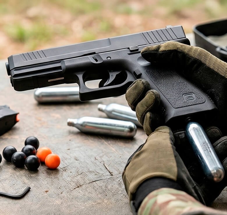 Mãos luvas táticas inserindo cilindro CO2 pistola Beeman munição mesa