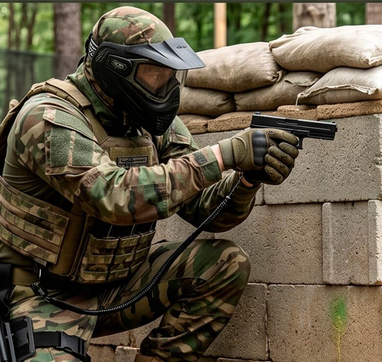 Jogador paintball camuflado usando máscara mirando pistola Beeman cenário externo