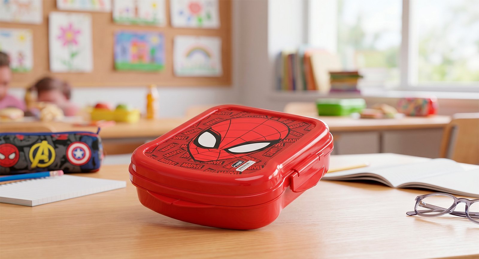 Pote porta-sanduíche vermelho Plasútil Homem-Aranha fechado sobre mesa escolar com caderno e estojo