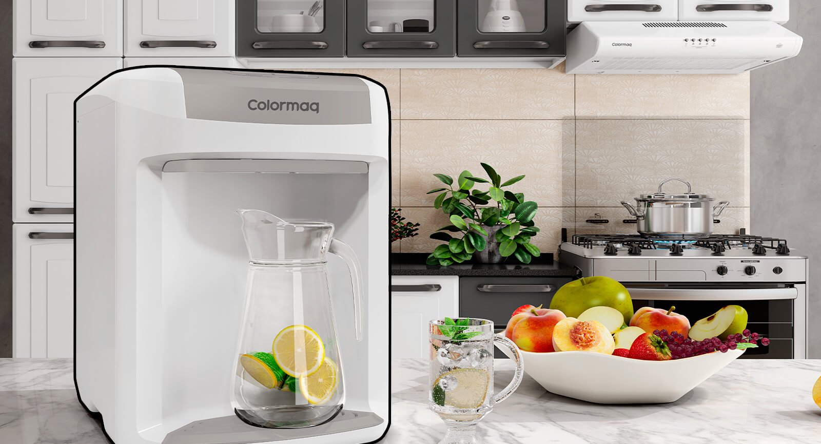 Purificador Colormaq Eletrônico branco bancada cozinha jarra frutas