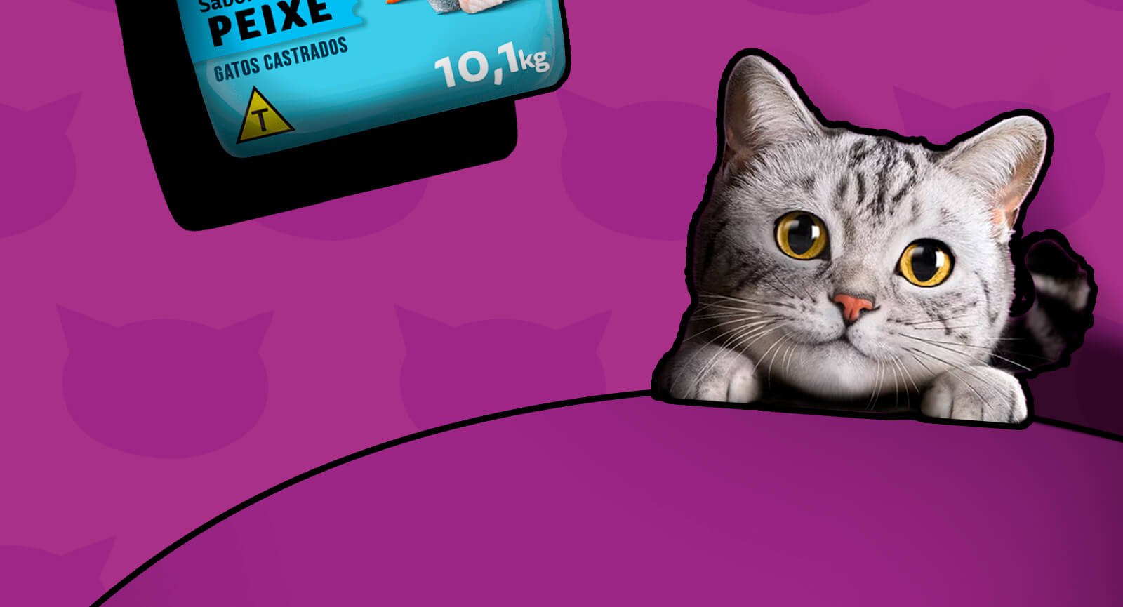 Base embalagem ração Whiskas Gatos Castrados Peixe 10,1kg  com gato cinza espiando