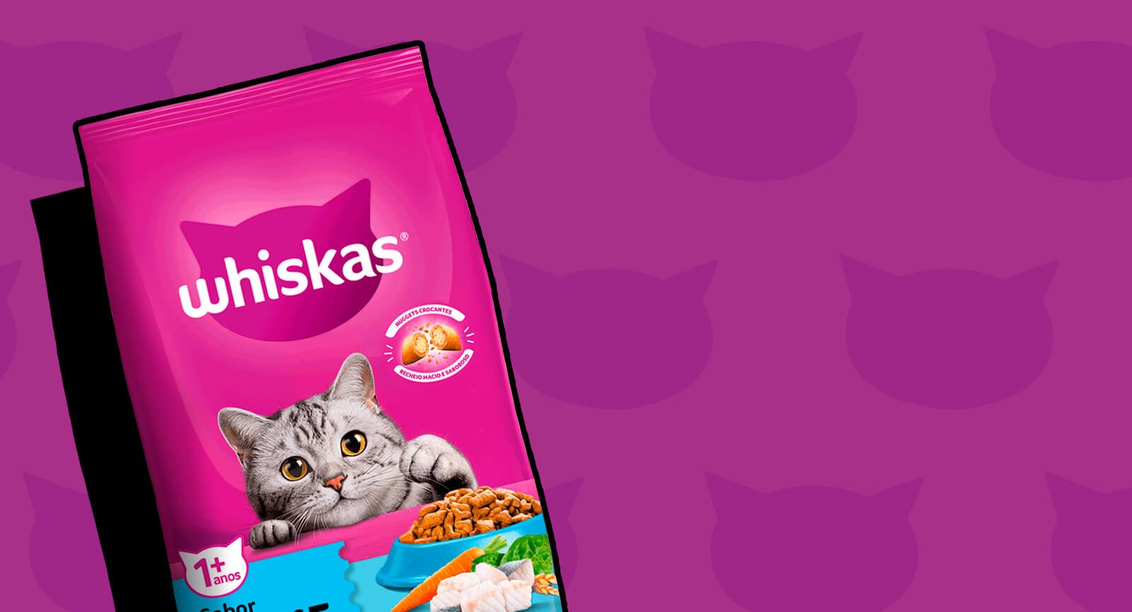 Topo embalagem ração Whiskas Gatos Castrados Peixe com gato e nuggets