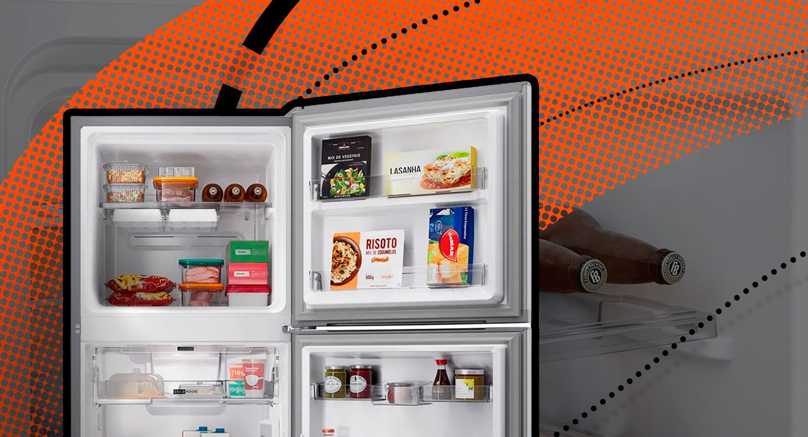 Refrigerador Brastemp BRM62AK Inox 512L portas abertas com alimentos, destacando super capacidade.