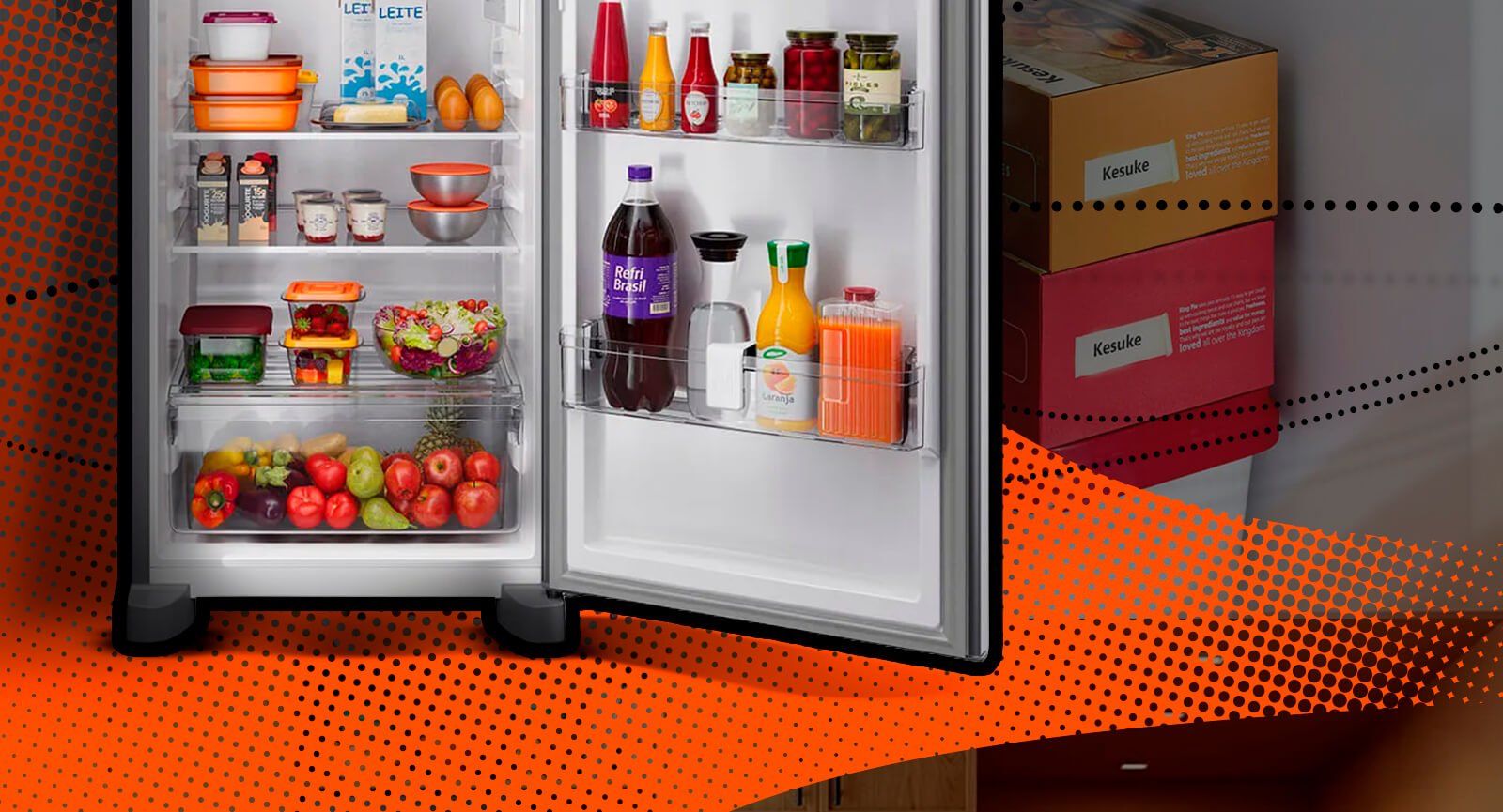Refrigerador Brastemp BRM62AK Inox ambiente cozinha com destaque gráfico ícone luminoso energia Safe Power.