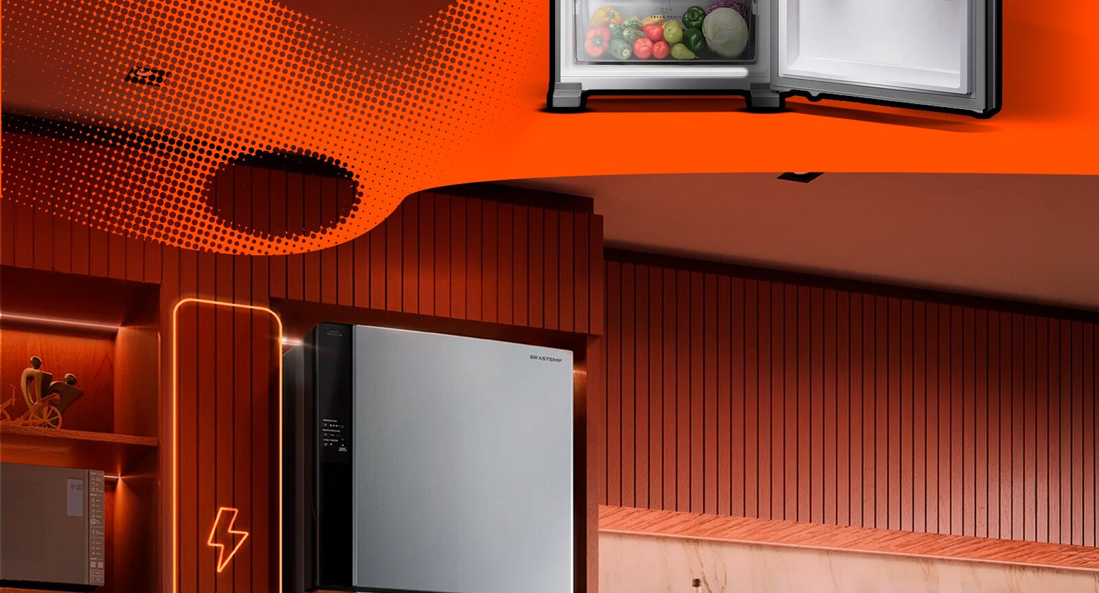 Refrigerador Brastemp BRM62AK Inox ambiente cozinha com destaque gráfico ícone luminoso energia Safe Power.