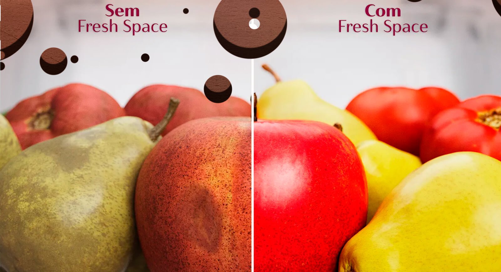 Comparativo frutas gaveta Fresh Space Refrigerador Brastemp demonstrando maçãs e peras frescas conservadas.
