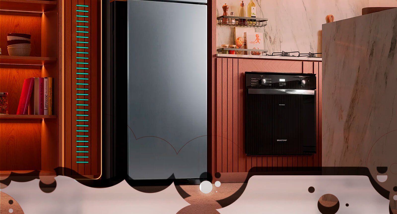 Refrigerador Brastemp BRM62AK Inox portas fechadas ambientado cozinha moderna móveis madeira.