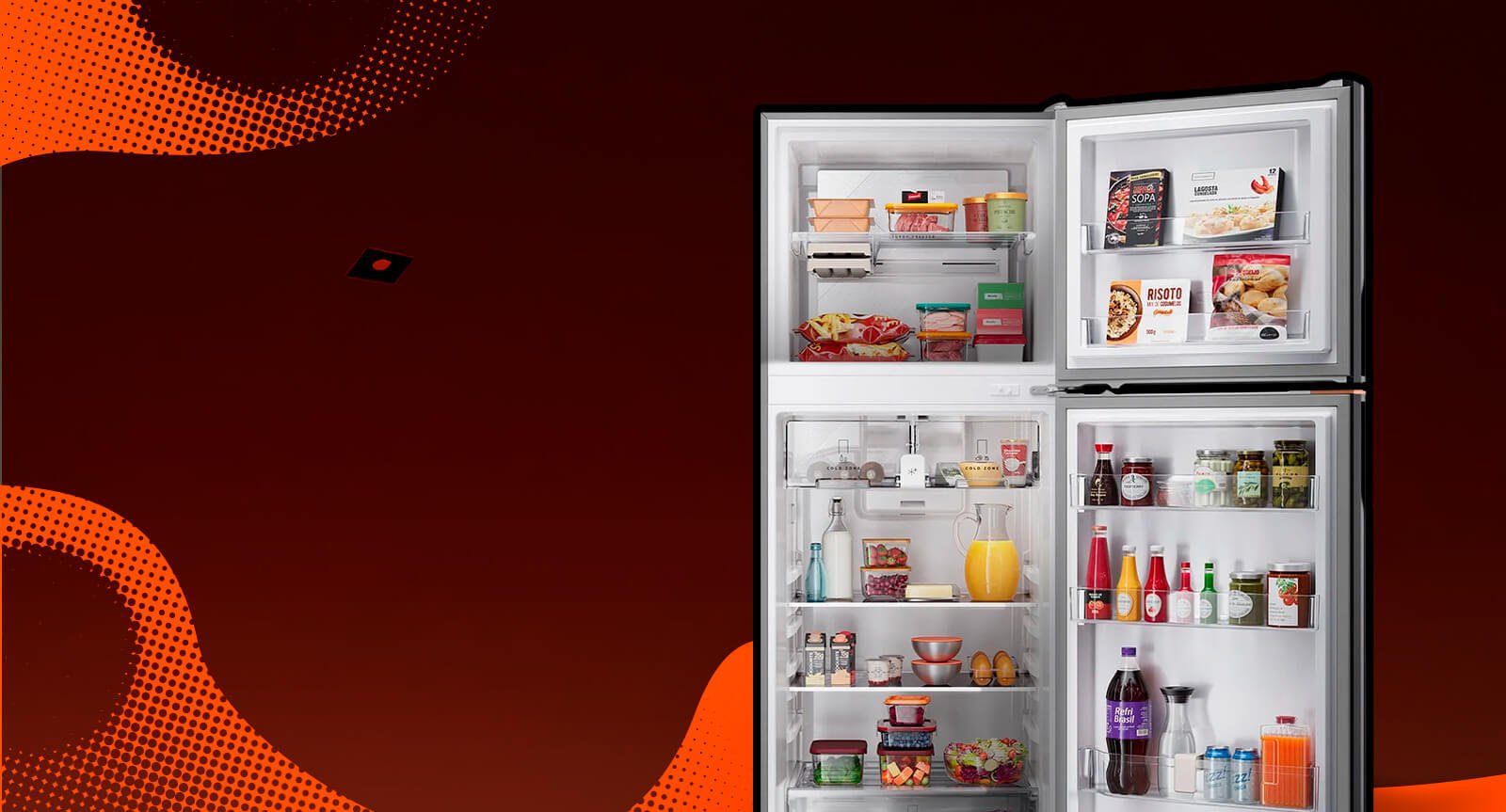 Refrigerador Brastemp BRM62AK Inox 512L portas abertas com alimentos, destacando super capacidade.