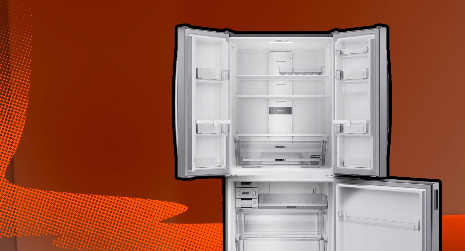 Refrigerador Brastemp BRO85MK Inox 3 portas aberto mostrando interior amplo e prateleiras de vidro