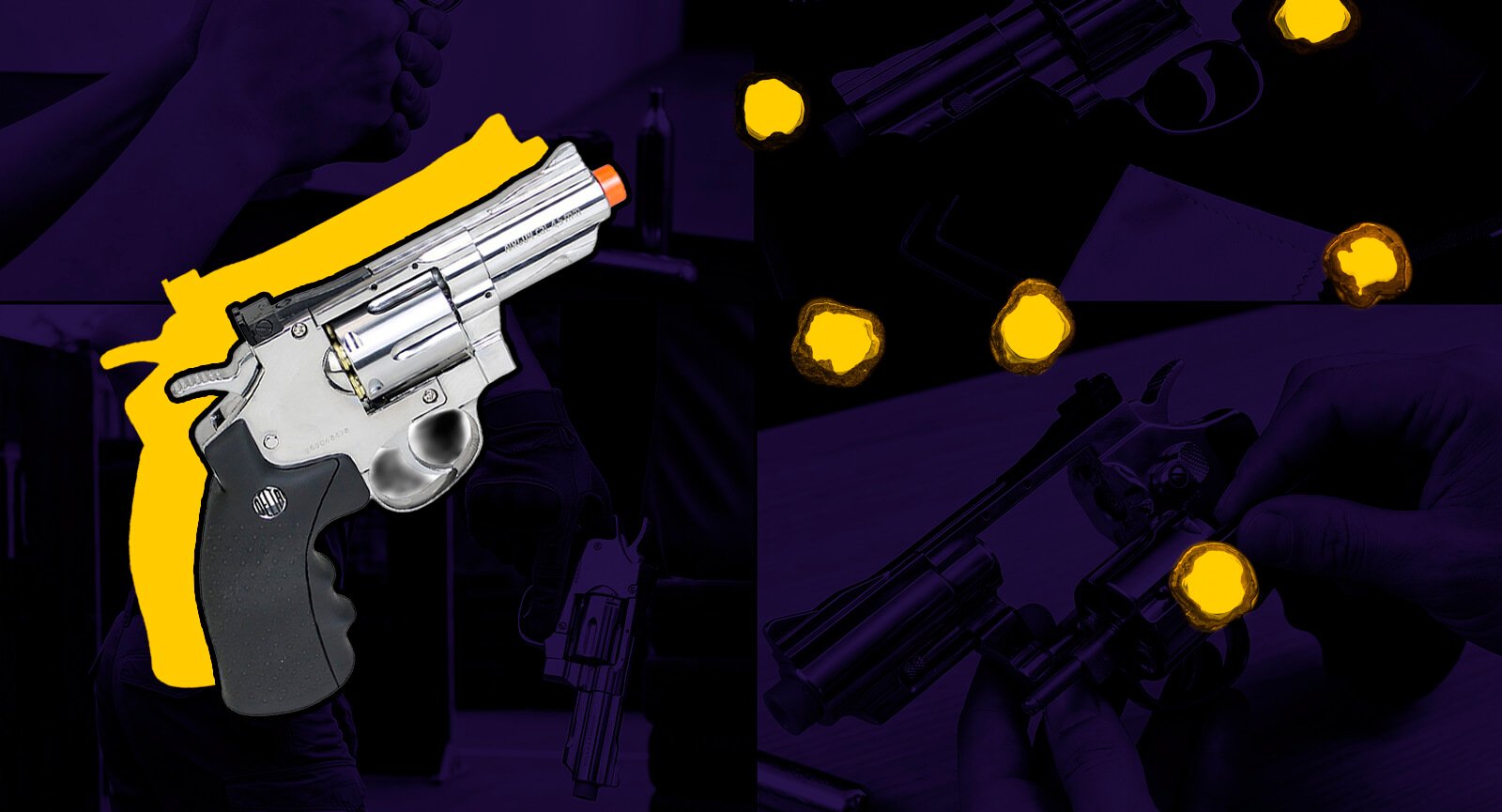 Montagem Revólver Rossi 708s Prata mostrando detalhes arma e impactos
