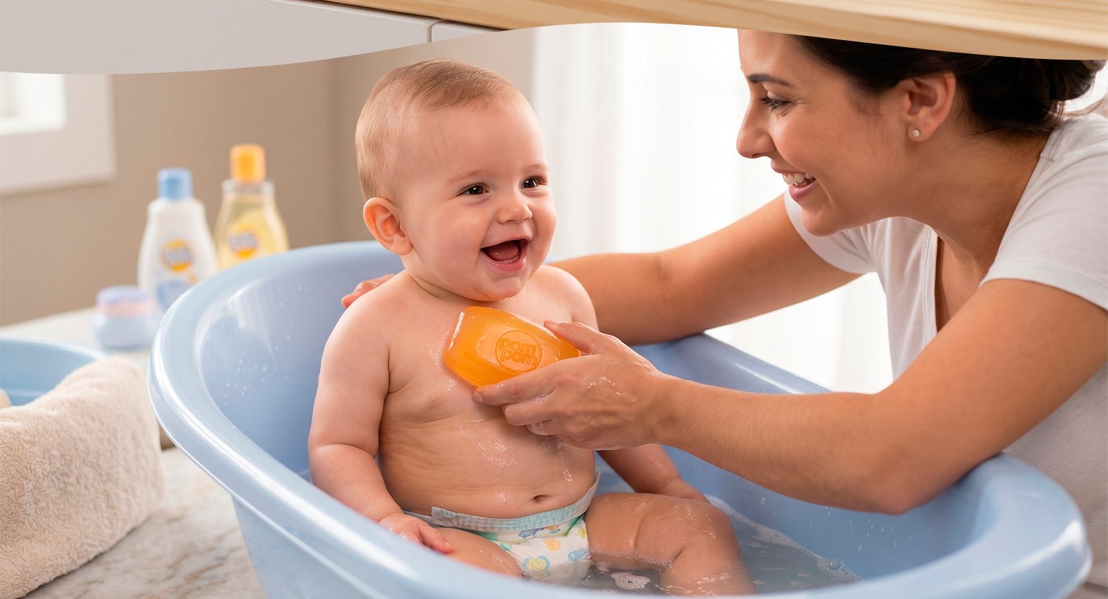 Mãe dando banho em bebê em banheira azul usando barra de Sabonete Glicerinado Pom Pom