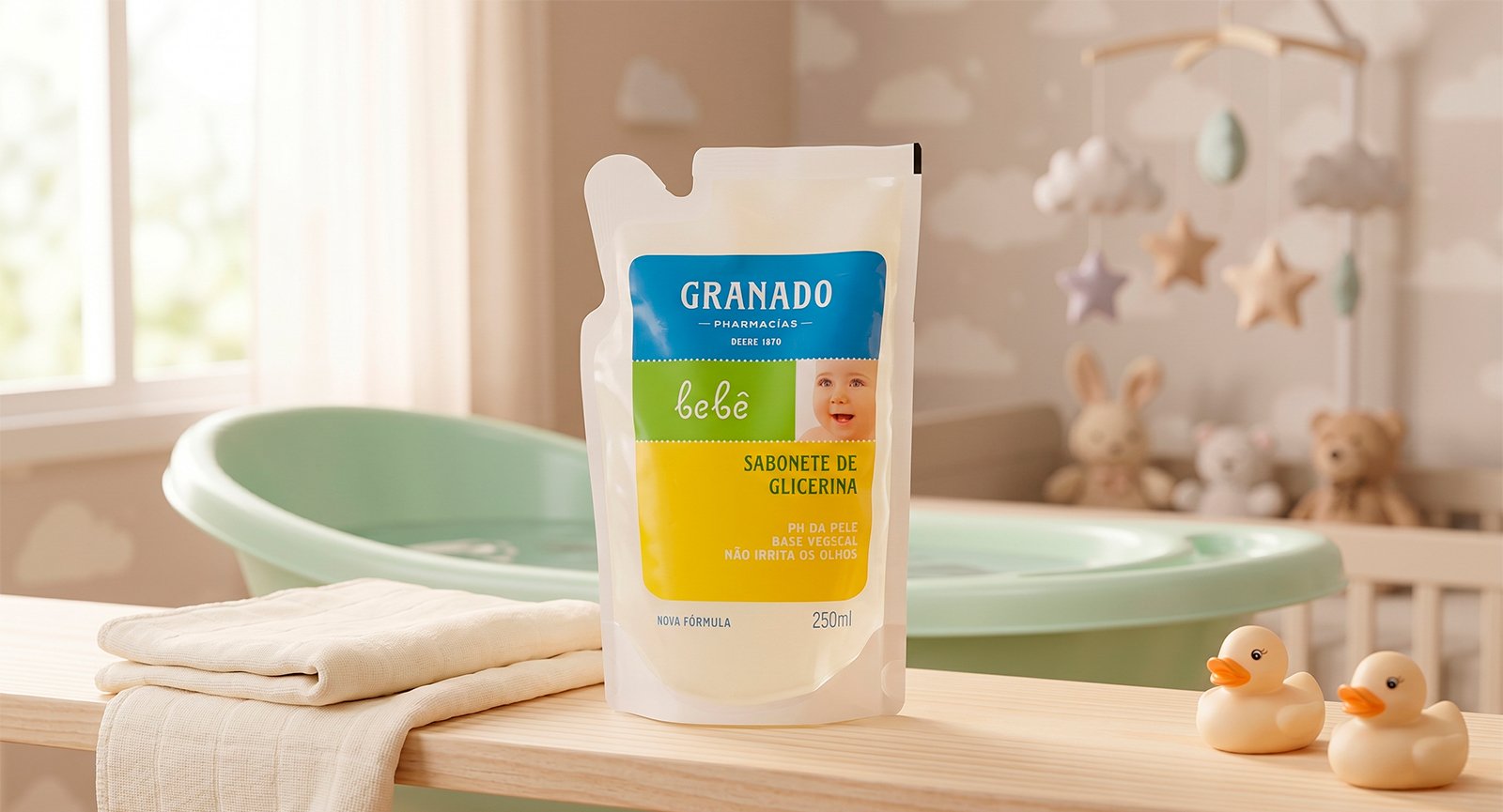 Sabonete Líquido Glicerina Granado Bebê 250ml Refil Sachê em cenário banho