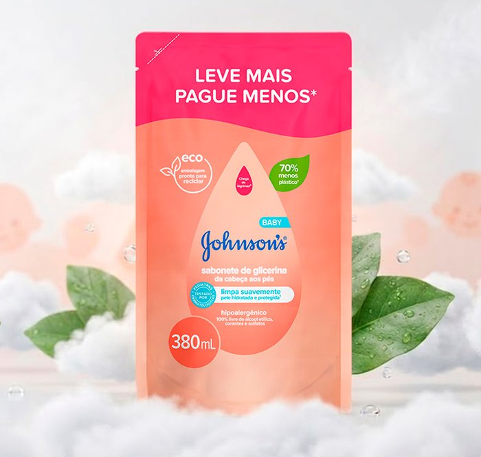 Sabonete Líquido Johnson's Baby Glicerina Cabeça aos Pés Refil 380ml limpa, hidrata e protege pele bebê
