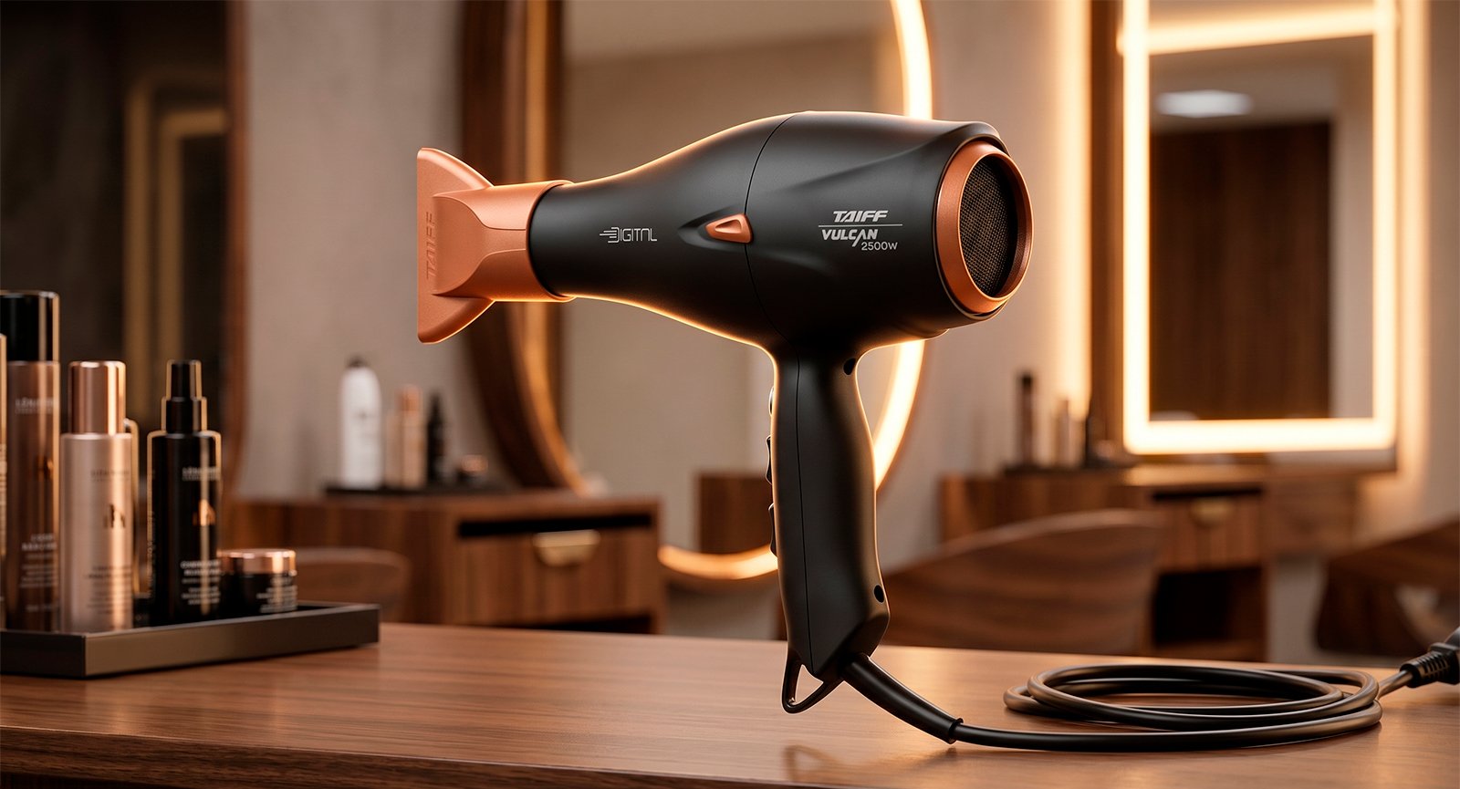 Secador Taiff Vulcan Digital 2500W preto sobre bancada de madeira em salão de beleza iluminado