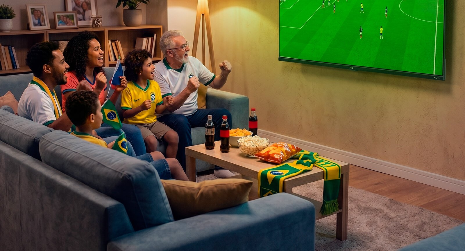 Família torcendo assistindo jogo de futebol na Smart TV AOC Roku Série 7045 50 polegadas em sala de estar.