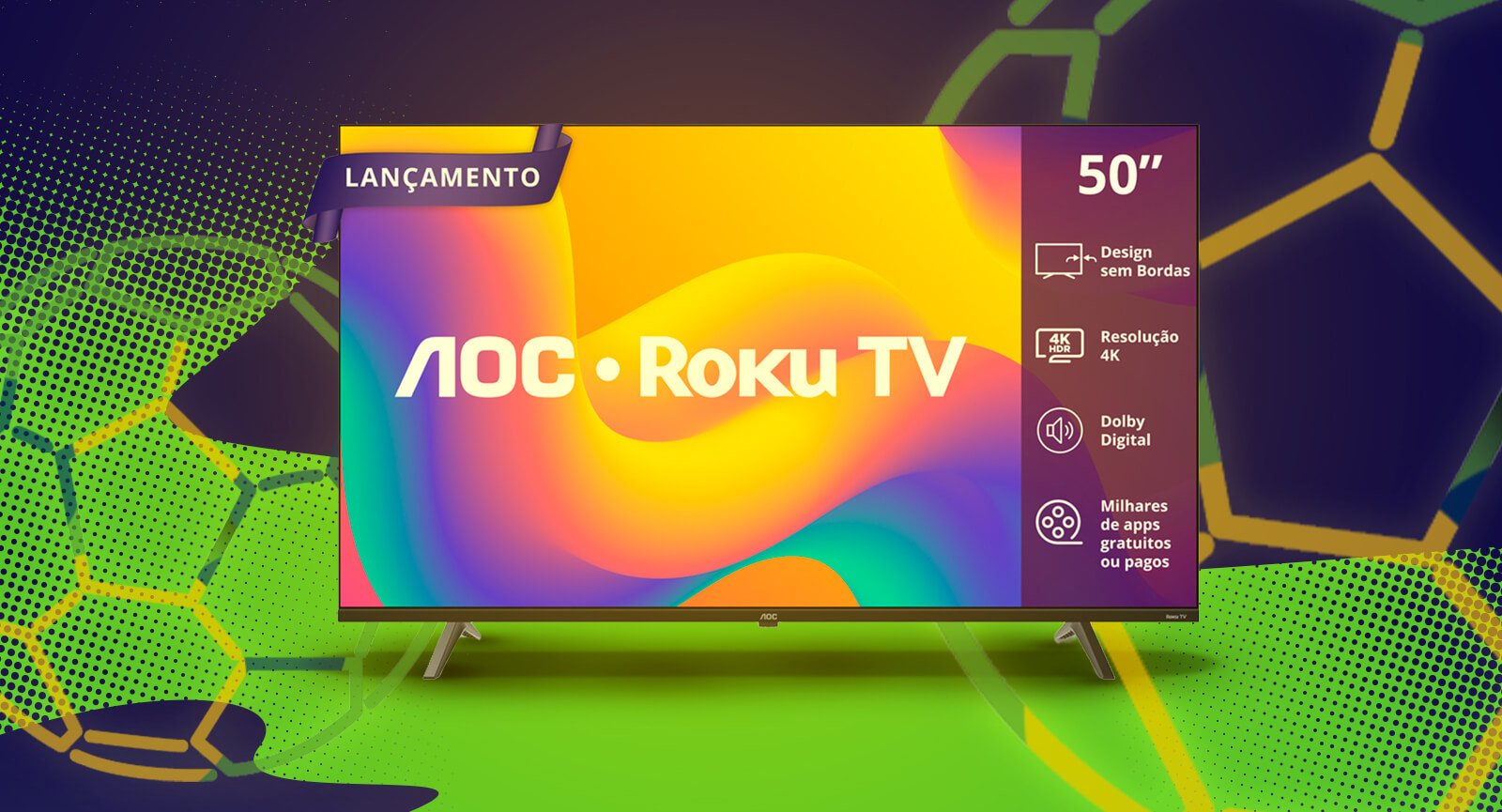 Vista frontal Smart TV AOC Roku Série 7045 50 polegadas. Tela destaca design sem bordas, 4K e Dolby Digital.