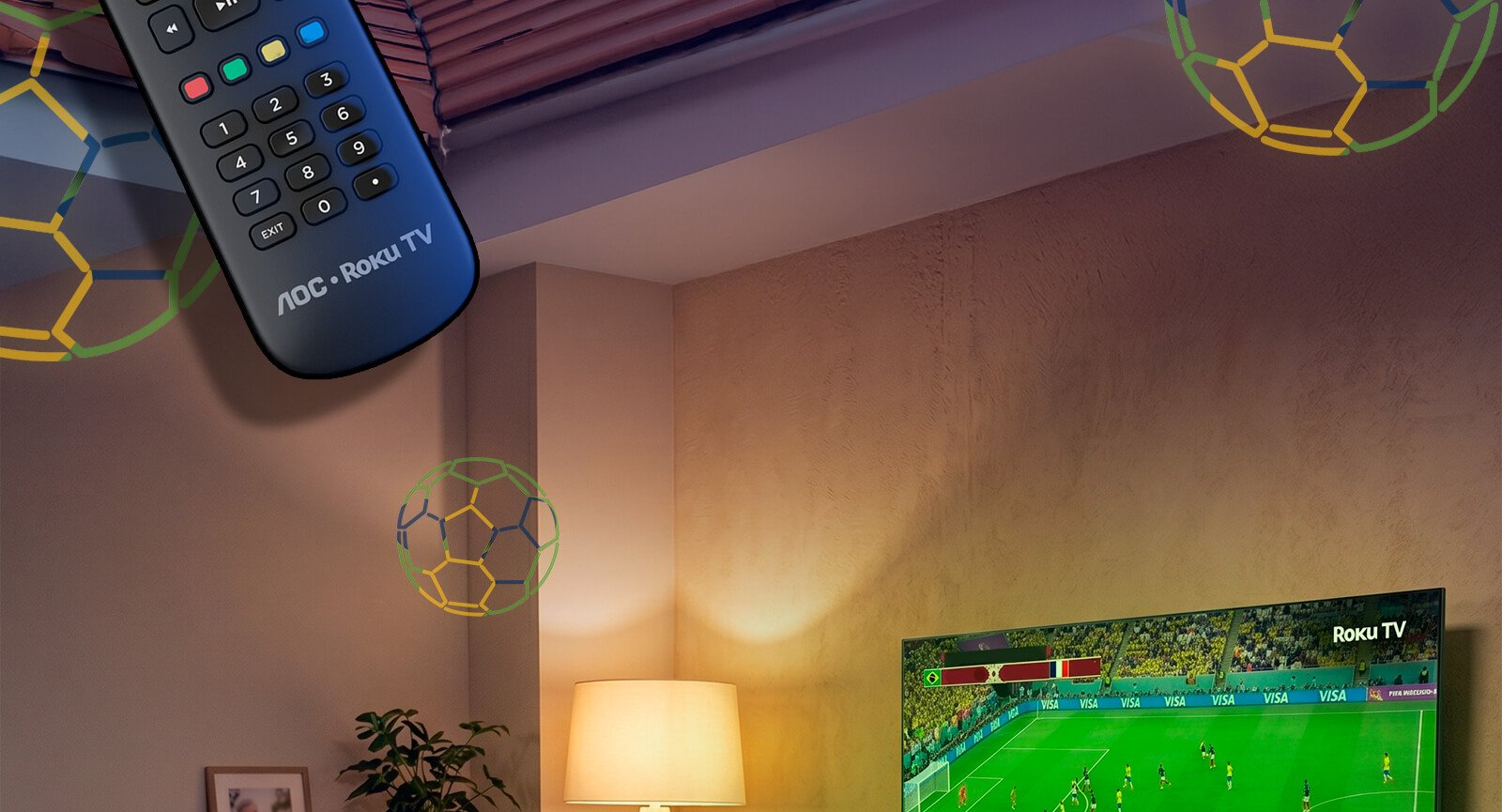 Controle remoto flutuando e Smart TV AOC Roku 50 polegadas transmitindo jogo de futebol em sala de estar.